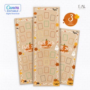 May include: Three vertical rectangular Fall 2026 bucket list templates on a kraft paper background. Each features a central pumpkin illustration, rows of empty boxes for writing, and decorative autumn motifs like leaves, ghosts, and spiders.
