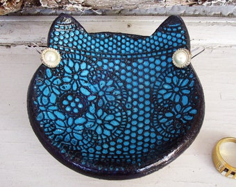 pottery ring holder blue floral cat jewelry dish.