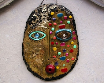 ceramic wall mask face sculpture wall hanging 8.50 x  6.25" .