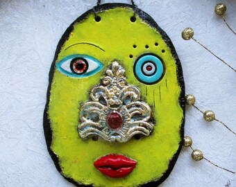 face wall plaque abstract mask ceramic wall hanging sculpture 7.50" x 5.50" original art.