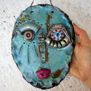 blue face abstract handbuilt ceramic mask sculpture wall hanging original art.
