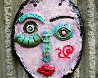 ceramic wall face sculpture handmade mask wall art.