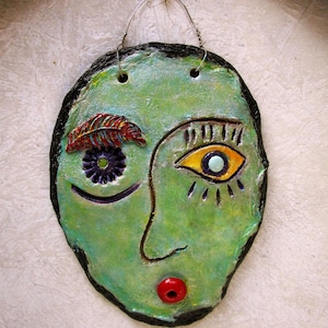 clay face wall art sculpture 7.35&quot; x 5.65&quot;