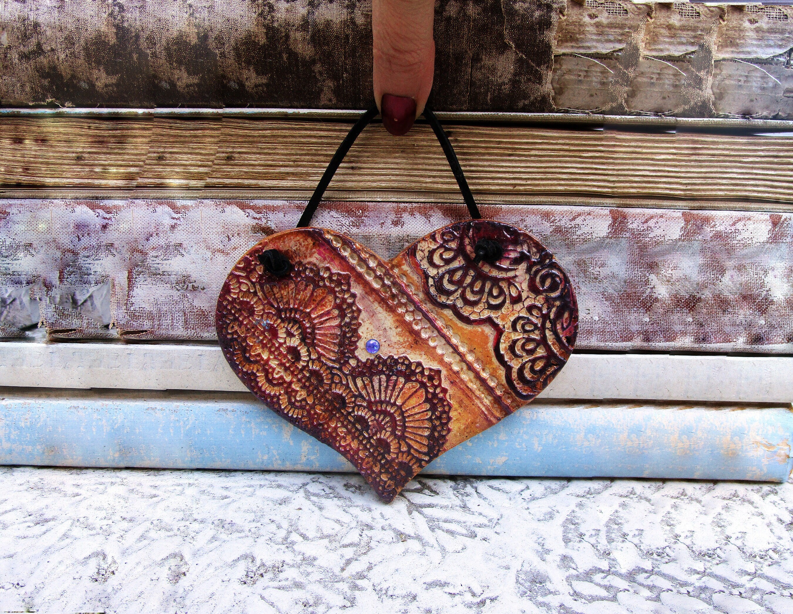 Wall Hangings Ceramic Heart Wall Hanging Pottery Handmade Lace Heart