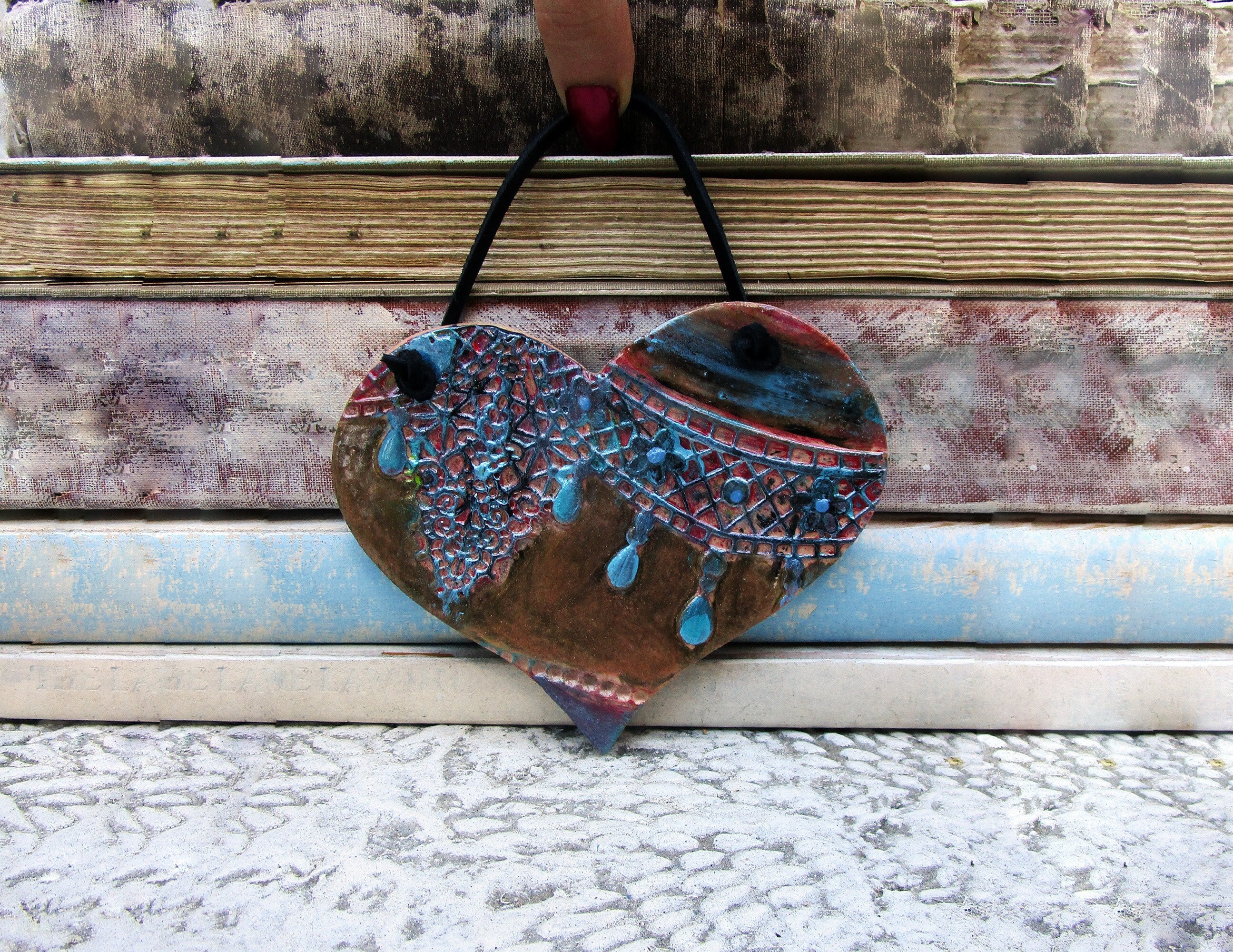 Wall Hangings Ceramic Heart Wall Hanging Pottery Handmade Lace Heart