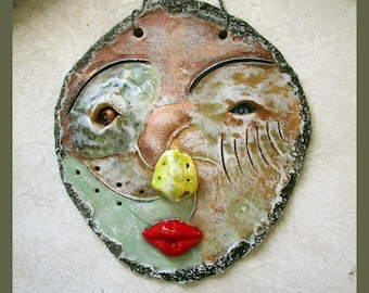 weird clay artwork face wall art ceramic sculpture 7.75" x 7.00"