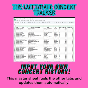 Puede incluir: Un gráfico rosa con el texto "THE ULTIMATE CONCERT TRACKER" en azul. La imagen muestra una hoja de cálculo con datos de conciertos, y el texto "INPUT YOUR OWN CONCERT HISTORY!" está en la parte inferior.