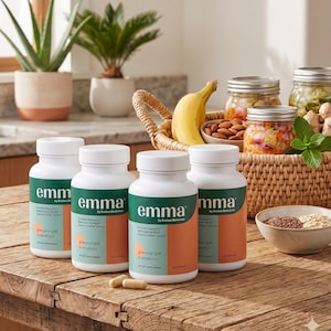 May include: Four white supplement bottles with green and orange labels are arranged on a wooden surface. The labels read "emma" and "give your gut a vacation!" A woven basket holds a banana, almonds, and jars of food. A small bowl contains seeds.