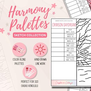 May include: A pink and white graphic design with the words "Harmony Palettes" and "Sketch Collection." The image includes colour palettes, hand-drawn line work, and a colour chart labelled "Crimson Daydream."