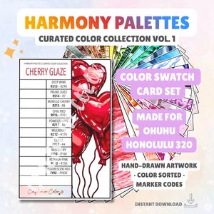 Op de afbeelding: Een digitale kunstdruk met een kleurenstalenkaartset met de tekst "Harmony Palettes" en "Curated Color Collection Vol. 1". Het ontwerp bevat een lijst met kleurnamen en markeercodes.