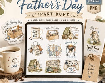 Día del Padre Cristiano PNG, Clipart Acuarela de Papá para Cricut, Tarjetas y Camisas (Digital Download)