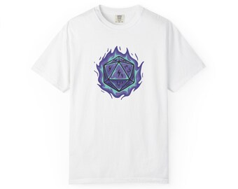 Purple Flaming D20 T-shirt | Tabletop RPG Dice Tee