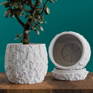 May include: A white, textured ceramic plant pot with a small green plant inside. The pot has a rough, stone-like appearance. Another matching pot is shown disassembled, with the base and the main pot separated. The background is teal.