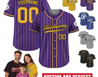 Camiseta de béisbol personalizada con nombre y número del equipo, camiseta personalizada para adultos, jóvenes y niños, camiseta personalizada a rayas con botones en morado y amarillo.