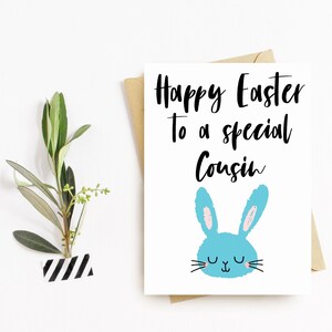 Carte de vœux de Pâques heureuse, faite à la main, lapin, blanc à l’intérieur, carte de Pâques de lapin, personnalisé - cousin, cousin heureux de Pâques