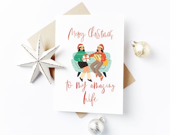 Two Females Christmas Card - Merry Christmas Wife - LGBT+ Lesbian Christmas Card, Gay Christmas Card, Partner Card