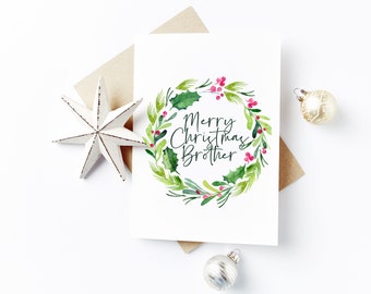 Personalised Watercolour Wreath Christmas Card - Brother