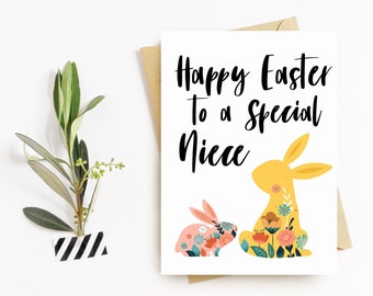 Happy Easter Greeting Card, Handmade, Bunny, Blank Inside, Rabbit Easter card, Personalised - Niece, Happy Easter Niece