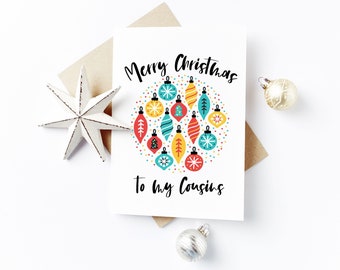 Funky Baubles Christmas Card - Joyeux Cousins de Noël