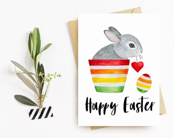 Frohe Ostern Grußkarte, handgefertigt, Hase, leere innen, Kaninchen Osterkarte, personalisiert