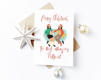 Two Females Christmas Card - Merry Christmas Partner - LGBT+ Lesbian Christmas Card, Gay Christmas Card, Partner Card