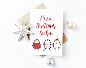 Personalised Penguin Christmas Card - Merry Christmas Cousin