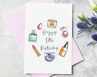 Tarjeta de felicitación de cumpleaños feliz maquillaje personalizado - Decimoséptima, tarjeta de cumpleaños 17, feliz cumpleaños 17