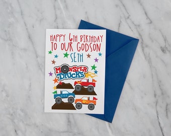 Personalised Monster Truck Birthday Greeting Card - Godson, son, grandson, nephew