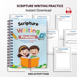 May include: A spiral-bound activity book titled "Scripture Writing Practice" with a cartoon illustration of two children reading. The cover features a pencil, a cross, and the text "Helping Kids Learn God's Word In a Fun & Creative Way."