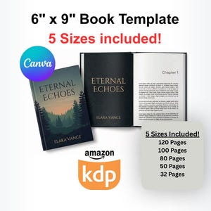 Op de afbeelding: Een 6" x 9" boeksjabloon voor Amazon KDP met een omslag getiteld Eternal Echoes door Elara Vance, een boslandschap, een open boekinterieur en een lijst met 5 inbegrepen formaten: 120, 100, 80, 50 en 32 pagina's met een Canva-logo.