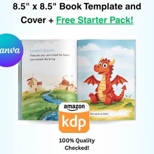Puede incluir: Una plantilla de libro de 8.5 por 8.5 pulgadas con portada que muestra una ilustración de un dragón rojo en un paisaje con casas y un río. El diseño incluye un logo de Canva, un logo de Amazon KDP y el texto 8.5 inch by 8.5 inch Book Template and Cover plus Free Starter Pack y 100 percent Quality Checked.