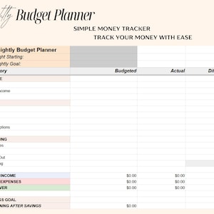 May include: A beige budget planner with the title "Fortnightly Budget Planner" in a script font. The planner includes sections for income, bills, spending, and savings, with columns for budgeted, actual, and difference amounts. The text "Simple Money Tracker, Track Your Money With Ease" is also visible.