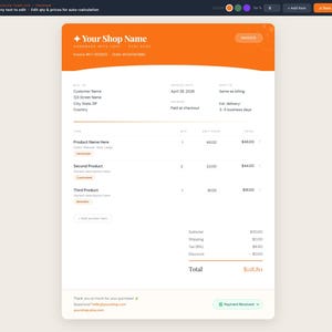 May include: An orange and white Etsy invoice template with the shop name at the top. The invoice includes fields for customer details, item descriptions, quantities, and totals. The total is $118.80.
