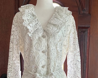 Vintage Dress 1960s Size XL Bust 44" White and Silver Floral Lace with Rhinestone Buttons