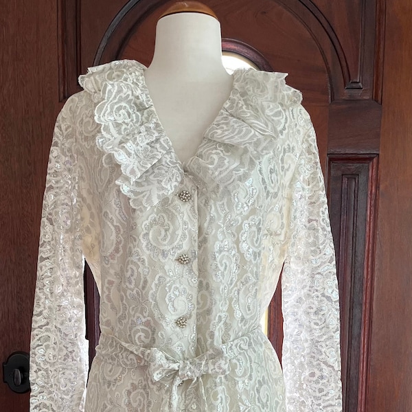 Vintage Dress 1960s Size XL Bust 44" White and Silver Floral Lace with Rhinestone Buttons