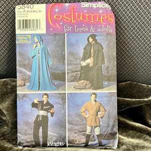 May include: A sewing pattern for costumes, featuring four different designs. The pattern is for sizes XS, S, M, L, and XL. The pattern is for teens and adults. The pattern is from Simplicity.