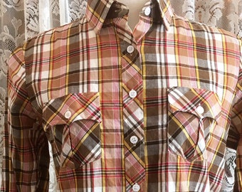 Size 36 Medium Vintage Plaid Shirt by Rose Buttondown 1970s