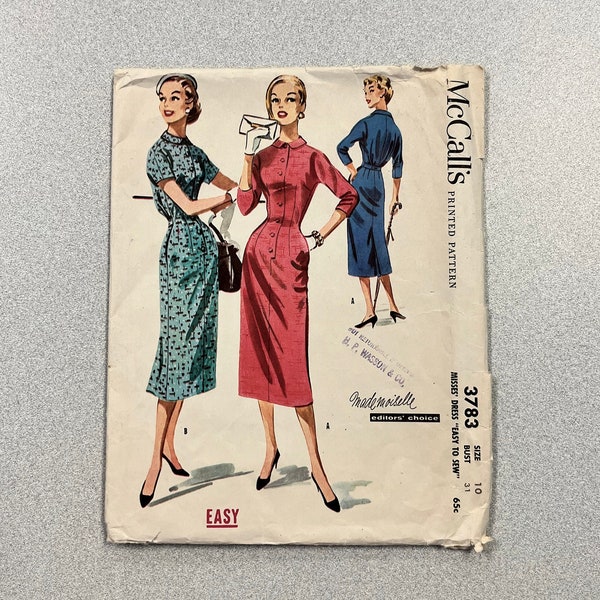 RARE McCall's 3783 Vintage 1950s Sewing Pattern Size 10 Bust 31 Dress