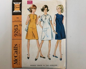 Patrón de costura vintage de los años 60 McCall's 9263, talla 10, busto 32.5, vestido estilo Mod.