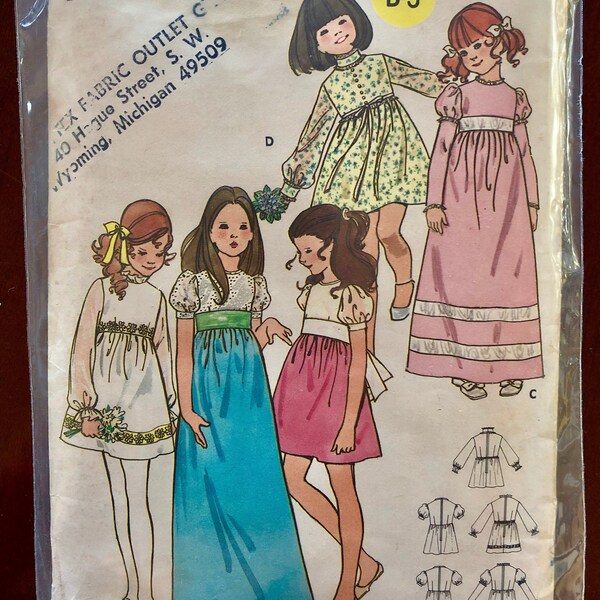 Butterick 6063 Size 8 Girls' Dress 1970s Peasant Dress Hippie Short or Long