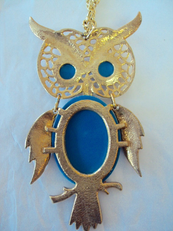 Owl Vintage Necklace 1970s Blue and Gold - image 2