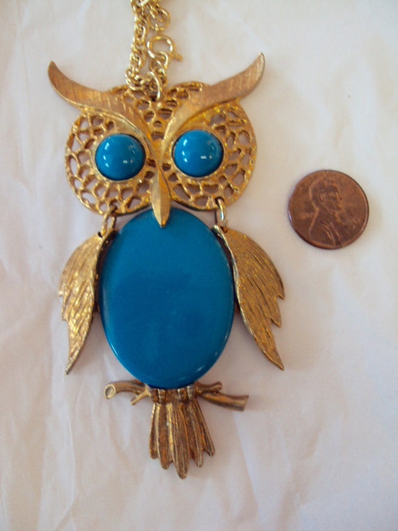 Owl Vintage Necklace 1970s Blue and Gold - image 5