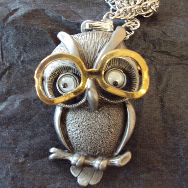 Owl Necklace with Moving Glasses and Googly Eyes NOS Fab Vintage Necklace