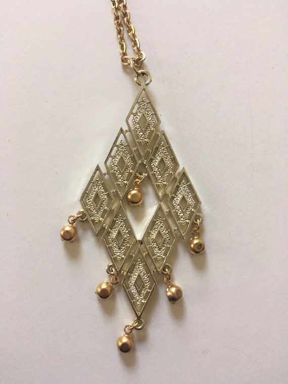 Vintage Necklace Diamond Shapes Gold Tone with Rh… - image 3
