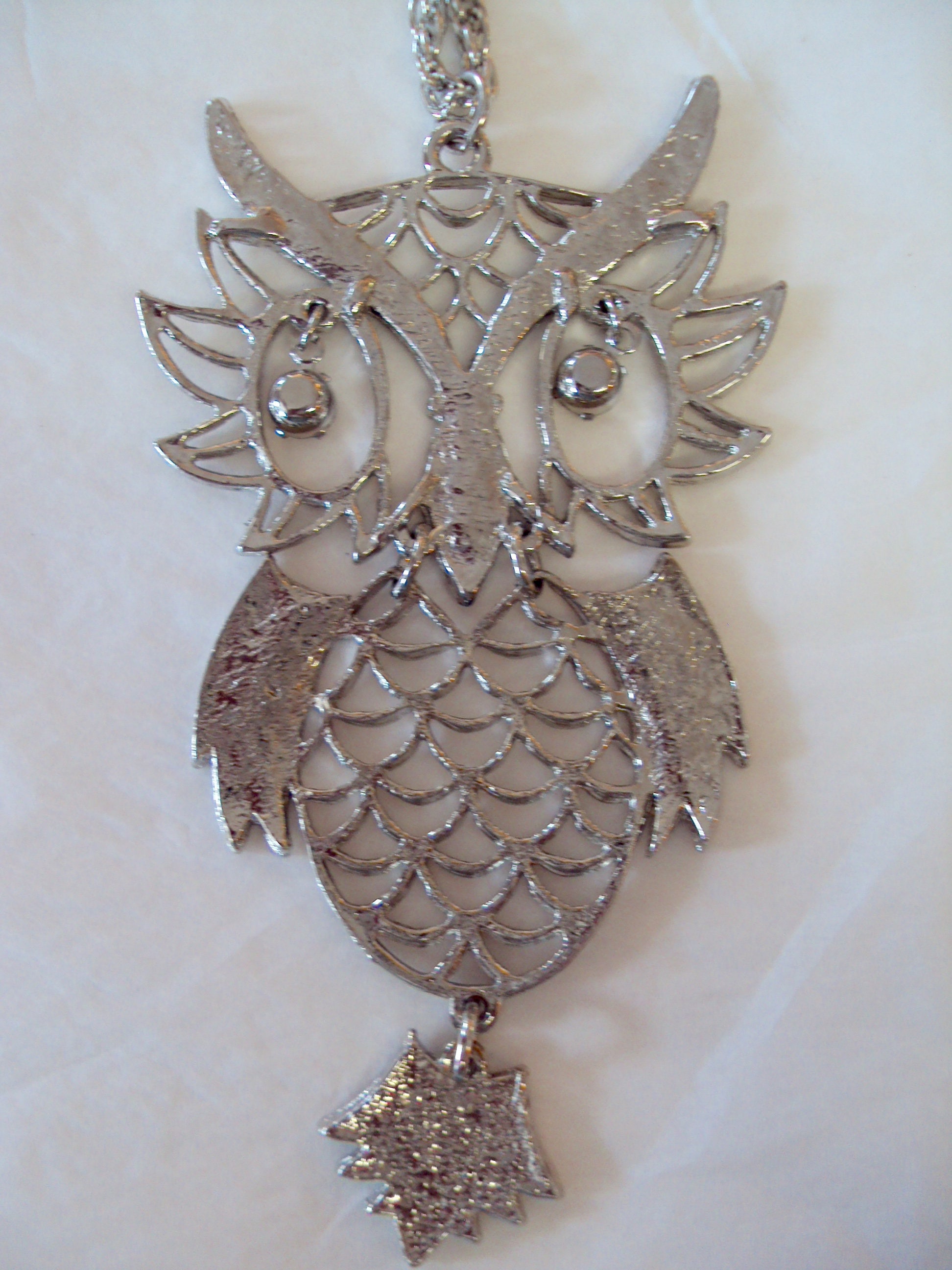 Large Owl Vintage Necklace Silver Tone Rhinestone Eyes NOS