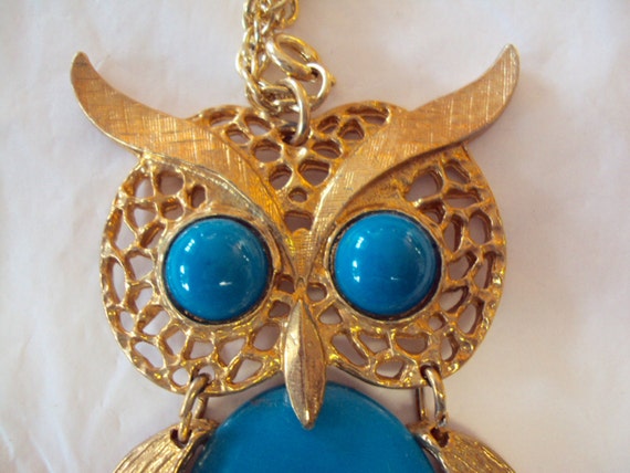 Owl Vintage Necklace 1970s Blue and Gold - image 3