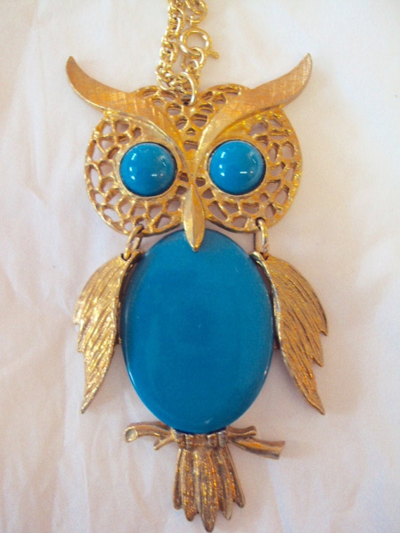 Owl Vintage Necklace 1970s Blue and Gold - image 1