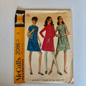 May include: A vintage McCall's sewing pattern for a maternity dress in two versions. The pattern number is 2086 and the size is 12, bust 34. The pattern is time-saving and dressmaker tested.