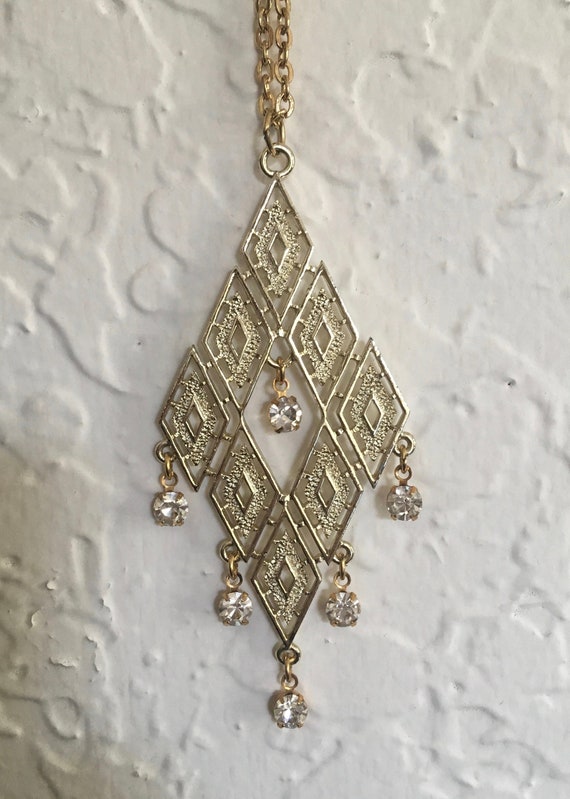 Vintage Necklace Diamond Shapes Gold Tone with Rh… - image 1