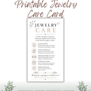 May include: A rectangular jewelry care card featuring the text "JEWELRY CARE" and instructions to avoid water, chemicals, and activity. The card includes icons for each instruction, a "Thank you for supporting our small business!" note, and decorative leaf and heart graphics.